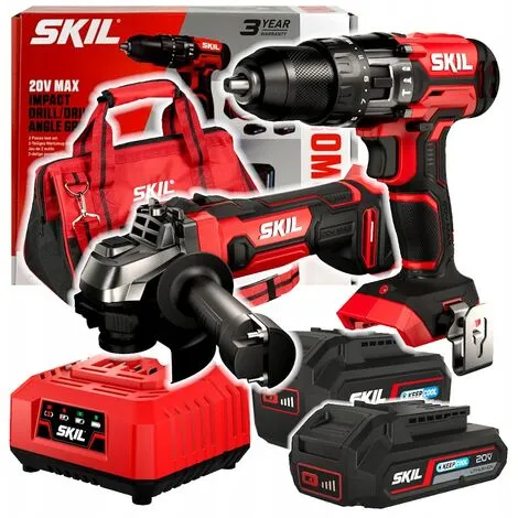 Kit D'outils Sans Fil Skil 20 V : Perceuse à Percussion 3020 + Meuleuse D'angle 3920 (1 X Sac De 2,0 Ah 1 X 4,0 Ah)